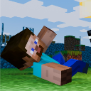 Steve from Minecraft falling backward onto green grass.