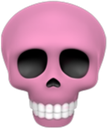 A stylized 3D human skull colored in bright pink with deep black eye sockets and white teeth.