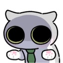 A gray cat with giant black eyes wearing a green necktie.