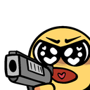 Yellow smiley face with heart-shaped eyes and a wide, loving mouth holding a gray handgun.