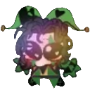 Harlequin jester with large, sparkling eyes and a green hat.