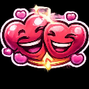 Two pink hearts with faces laughing together with golden sparkles.