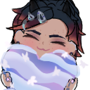 Character with dark hair snuggling into a large, soft, light-purple and blue heart-shaped blanket with a happy expression.