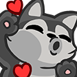 A cute wolf character blowing a kiss with red hearts floating around it.