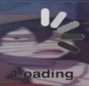Anime character with a dazed expression behind a circular loading spinner icon.