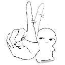 A small doodle character with a smug expression holding up a peace sign gesture.