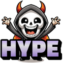 A cartoon skeleton with devil horns cheering with arms raised above the word HYPE.