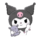 Kuromi wearing her black jester hat with a pink skull waves her hand while holding a small purple creature.