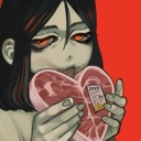 Anime girl with pale skin and glowing eyes holding a raw heart-shaped steak.