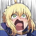 Saber from Fate with a wide-open mouth and panicked eyes in a classic anime meme style.