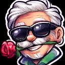 A silver-haired man wearing dark sunglasses holding a red rose in his mouth with a confident smile.