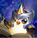 A cute penguin wearing a silver knight helmet reading a glowing magical book.