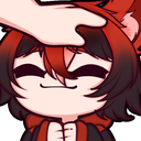 A stylized anime character with red and black hair smiling while receiving a hand pat on the head.