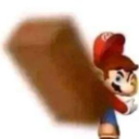 Mario swings a large brown brick forward with an aggressive expression.