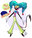 Fizzarolli the jester demon standing with a manic grin and colorful clown outfit.