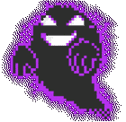 A pixelated purple and black ghost with a wide, mischievous grin and glowing white eyes.