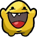 Yellow blob character with a wide, toothy, mischievous grin.