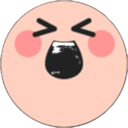 A round, pink creature face with closed eyes and a wide, open mouth expressing extreme excitement.