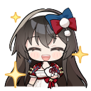A chibi anime girl with brown hair and a red bow smiling brightly with sparkling stars around her.