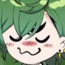 Anime character with green hair making a smug, wobbly-mouthed expression with flushed cheeks.