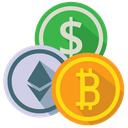 Three overlapping coins representing Bitcoin, Ethereum, and the US dollar.
