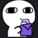 A simple white doodle character with large eyes sipping from a purple juice box with a straw.