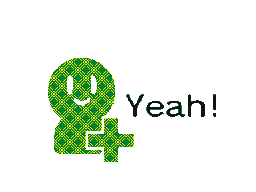 Green character with a plus sign excitedly shouting Yeah! in a pixel art style.