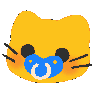 Yellow cat head with a blue pacifier and rosy cheeks.