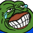 A series of distorted and mirrored Pepe the Frog faces with crying eyes and wide, toothy grins.