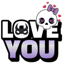 Skull with a purple bow and heart-shaped eyes above the text LOVE YOU.