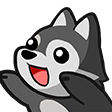 A cute cartoon wolf with gray and white fur reaching forward with open arms and a wide, happy smile.
