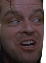 Jack Torrance with a wild, manic expression and wide eyes.