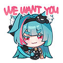 Anime girl with teal hair and cat ears pointing at the viewer with a smug expression and text reading WE WANT YOU.