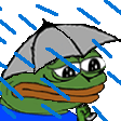 Pepe the Frog looking sad while standing under a gray umbrella in the rain.