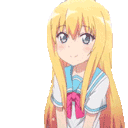 Anime girl with long blonde hair in a school uniform bowing repeatedly to express apology.