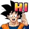 Goku waving his hand with a bright smile and a colorful HI text bubble.