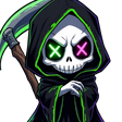 A chibi grim reaper with glowing green and pink X-eyes and a scythe standing with arms crossed.