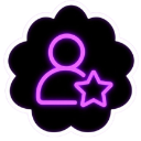 A user silhouette icon with a star in the corner, glowing in neon purple against a black background.