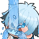 Anime character with blue hair chugging water from a bottle.