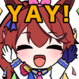 Tokai Teio from Uma Musume cheering with her hands up and confetti falling around her.