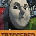 James the Red Engine with an intensely angry expression and the word TRIGGERED written below him.