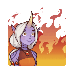 Soraka from League of Legends smiling calmly in front of a background of flames.