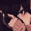 Anime girl with dark hair blushing while hiding part of her face behind her hand.