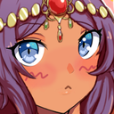Anime girl with purple hair and a golden tiara making a smug uwu face.