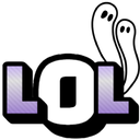 LOL text in purple with two white cartoon ghosts floating above the letters.