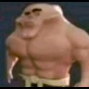 Muscular character with an exaggerated, distorted face flexing his chest and arms.
