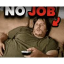 Man lying on a couch holding a remote with text above him reading NO JOB.