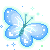 A small blue pixel-art butterfly surrounded by tiny glowing sparkles.