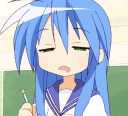 Konata Izumi with blue hair looking sleepy and bored while holding a pen.