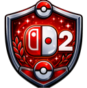A red shield emblem featuring a stylized game controller and the number two, accented with pokeballs and sparkles.